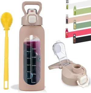 SIEROZUR 32 oz Glass Water Bottle with Straw and Handle, Leakproof Motivational Sports Glass Bottle with Time Marker, Water Jug with Silicone Sleeve for Gym, Travel, Workout, Amber
