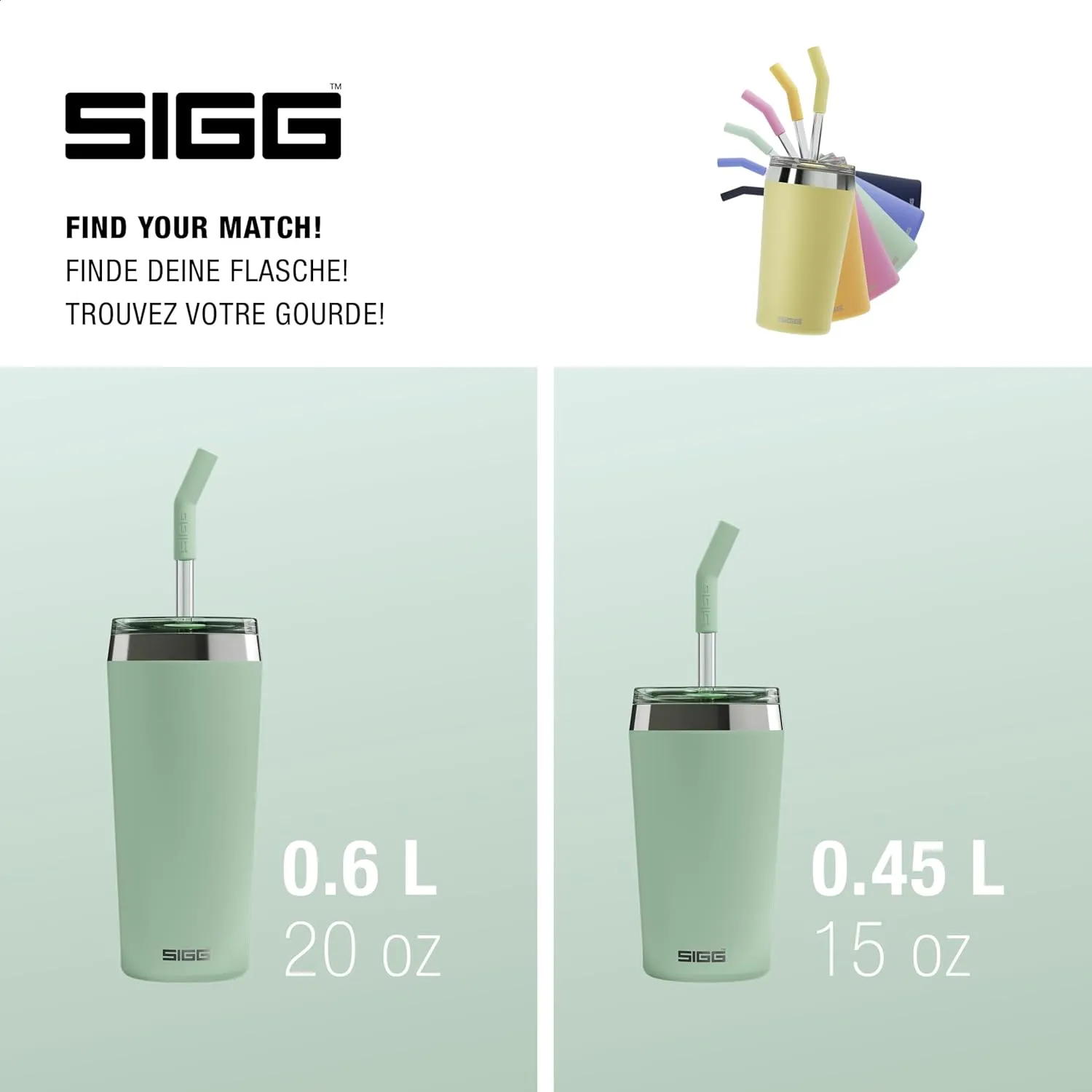 SIGG - Insulated Mug - Travel Mug Helia - With Durable Glass Straw & Cleaning Brush - Leakproof - BPA Free - 18/8 Stainless Steel - 15oz/20oz