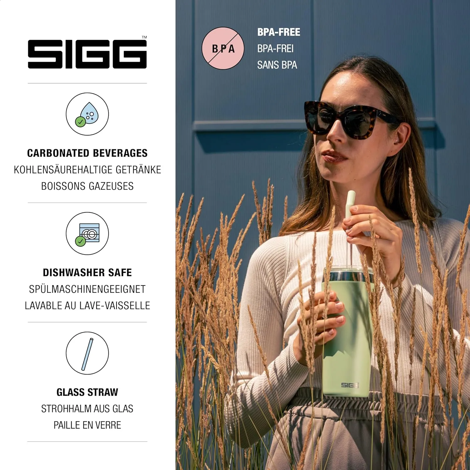 SIGG - Insulated Mug - Travel Mug Helia - With Durable Glass Straw & Cleaning Brush - Leakproof - BPA Free - 18/8 Stainless Steel - 15oz/20oz