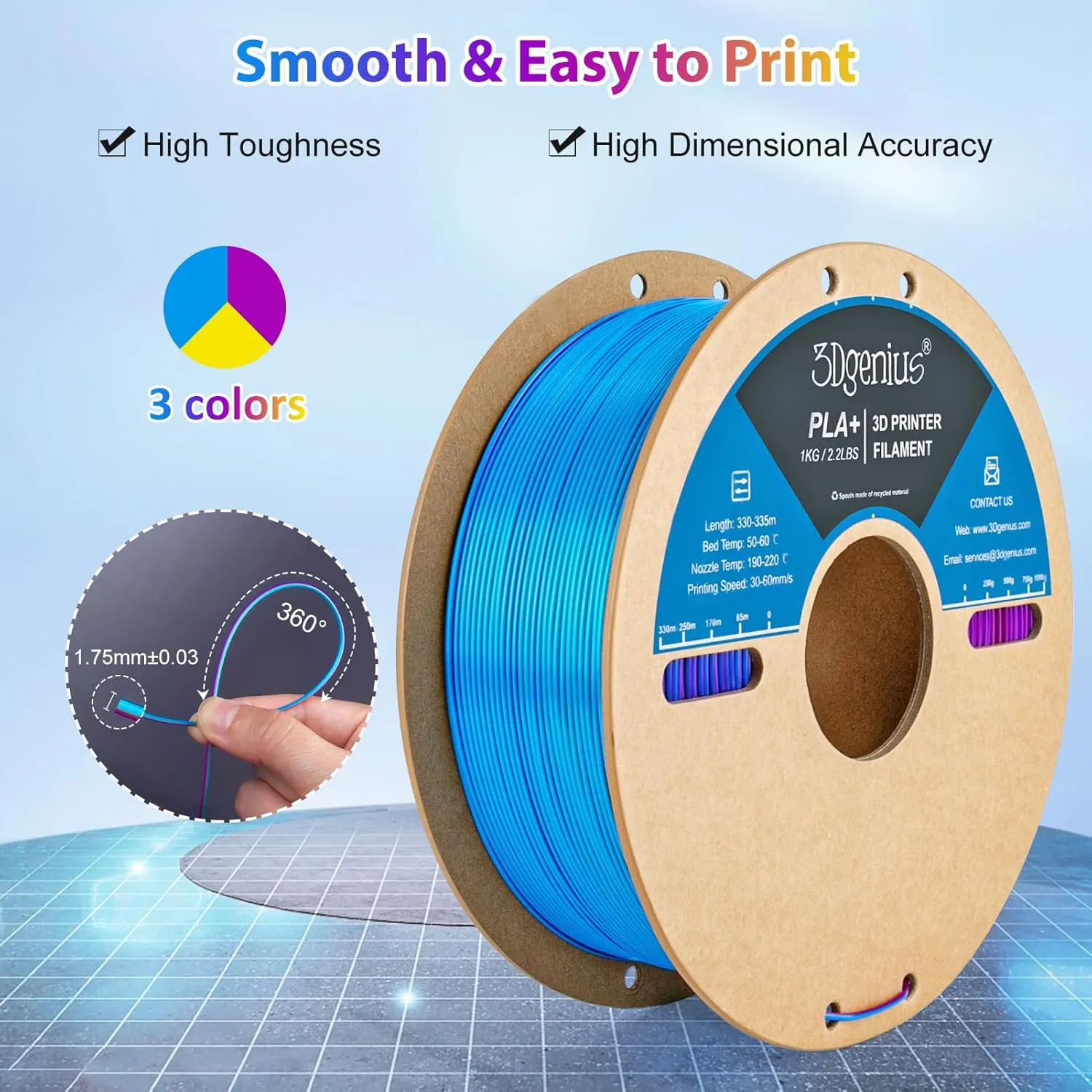 Silk PLA 3D Printer Filament Triple Color Silk PLA Filament 1.75mm 3D Printing Filament Fit Most FDM Printers, 1KG Spool(2.2lbs), 3 in 1 Color SkyBlue Purple Yellow