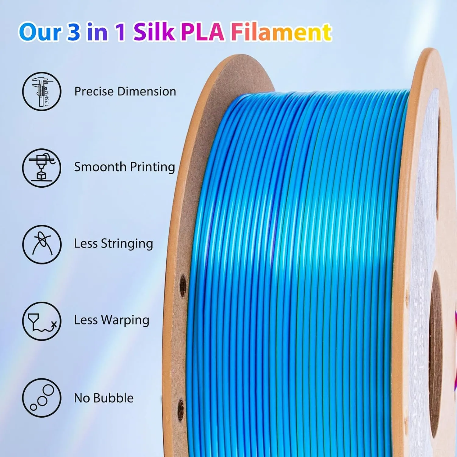 Silk PLA 3D Printer Filament Triple Color Silk PLA Filament 1.75mm 3D Printing Filament Fit Most FDM Printers, 1KG Spool(2.2lbs), 3 in 1 Color SkyBlue Purple Yellow