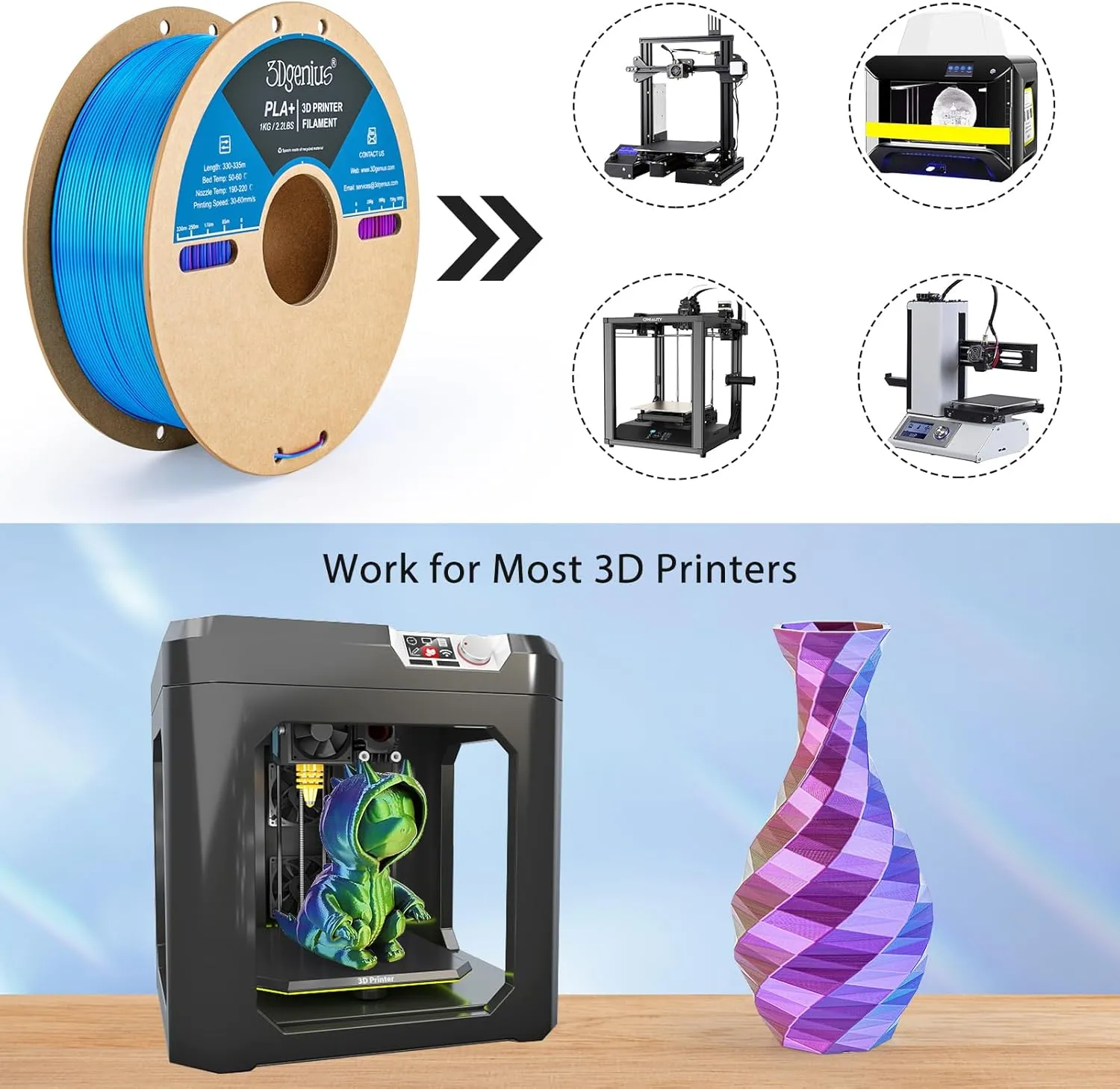 Silk PLA 3D Printer Filament Triple Color Silk PLA Filament 1.75mm 3D Printing Filament Fit Most FDM Printers, 1KG Spool(2.2lbs), 3 in 1 Color SkyBlue Purple Yellow