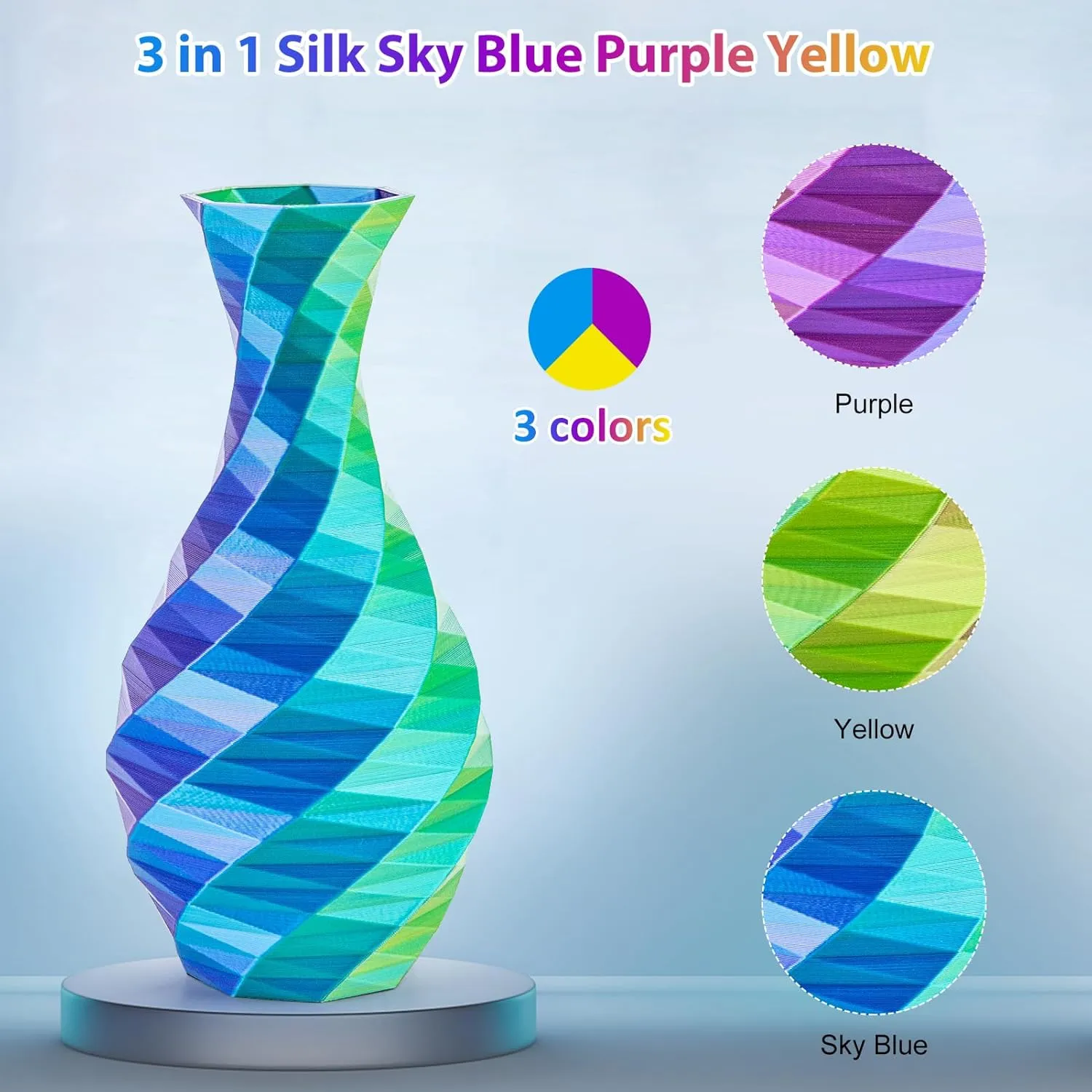 Silk PLA 3D Printer Filament Triple Color Silk PLA Filament 1.75mm 3D Printing Filament Fit Most FDM Printers, 1KG Spool(2.2lbs), 3 in 1 Color SkyBlue Purple Yellow