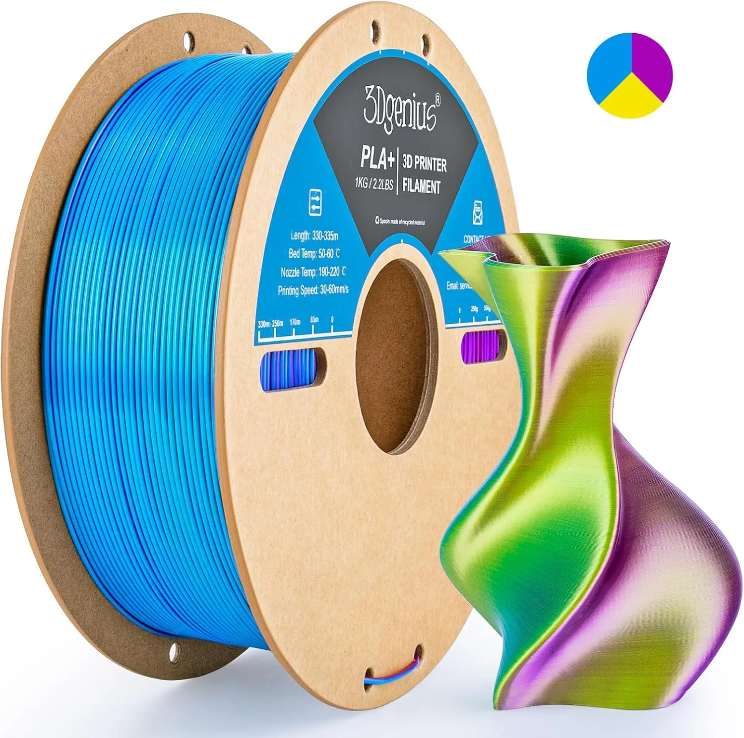 Silk PLA 3D Printer Filament Triple Color Silk PLA Filament 1.75mm 3D Printing Filament Fit Most FDM Printers, 1KG Spool(2.2lbs), 3 in 1 Color SkyBlue Purple Yellow