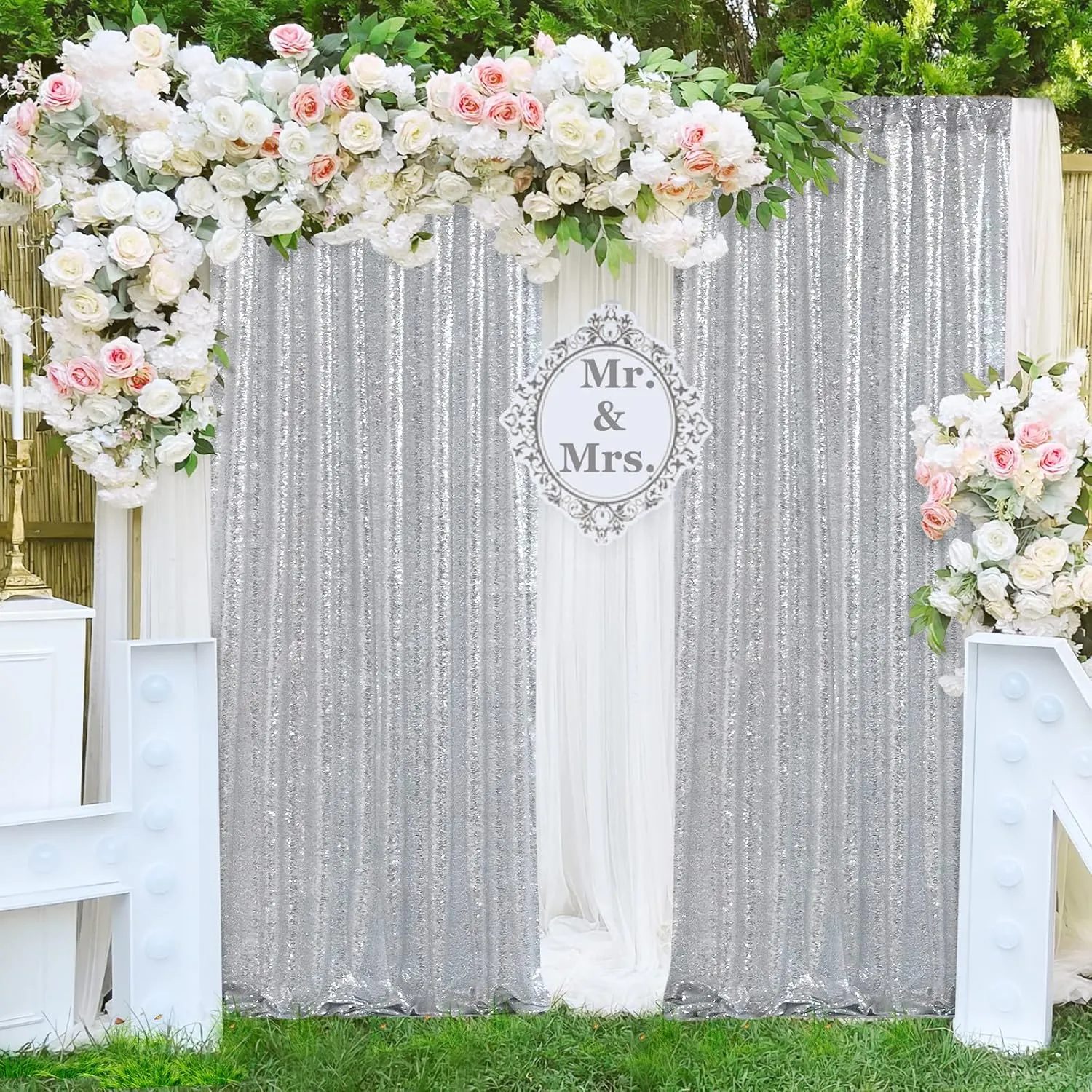 Silver Backdrop Curtains 2 Pieces 2FTx8FT Sequin Backdrop Decor for Party Wedding Christmas Background