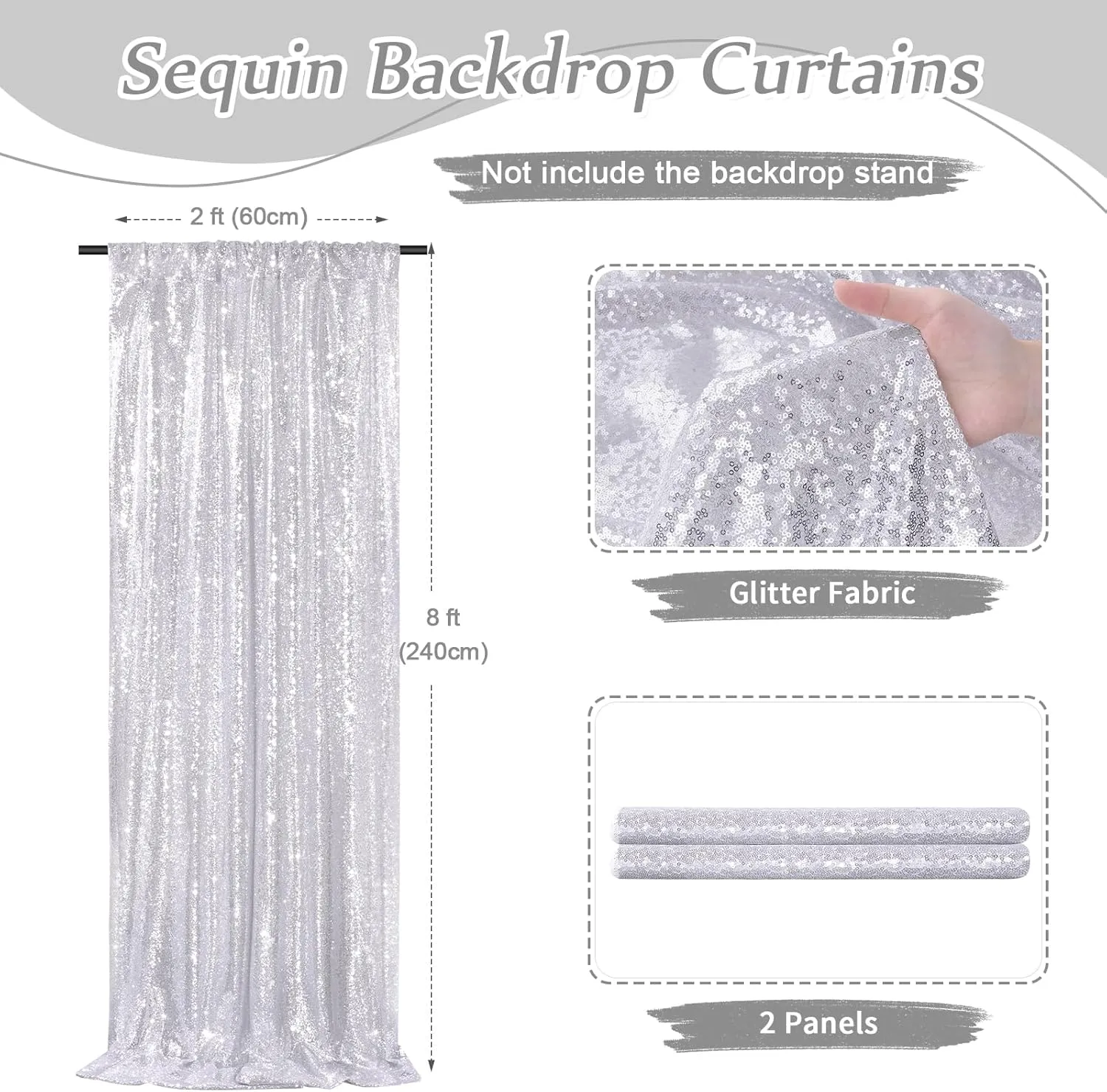 Silver Backdrop Curtains 2 Pieces 2FTx8FT Sequin Backdrop Decor for Party Wedding Christmas Background
