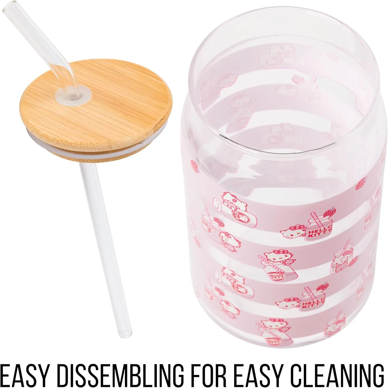 Silver Buffalo Sanrio Hello Kitty Strawberry Milk Pink Glass Jar Tumbler with Bamboo Lid and Glass Straw, 16 Ounces