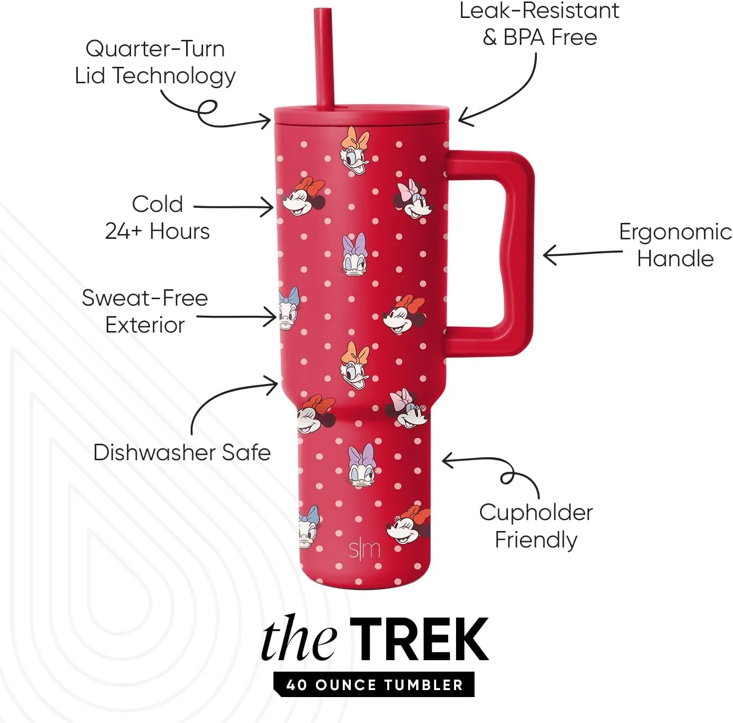 Simple Modern Valentine's Day Disney 40 oz Tumbler with Handle | Insulated Stainless Steel Water Bottle Travel Mug | Holiday Gifts for Women Her | Trek Collection | 40oz | Minnie Dots and Faces