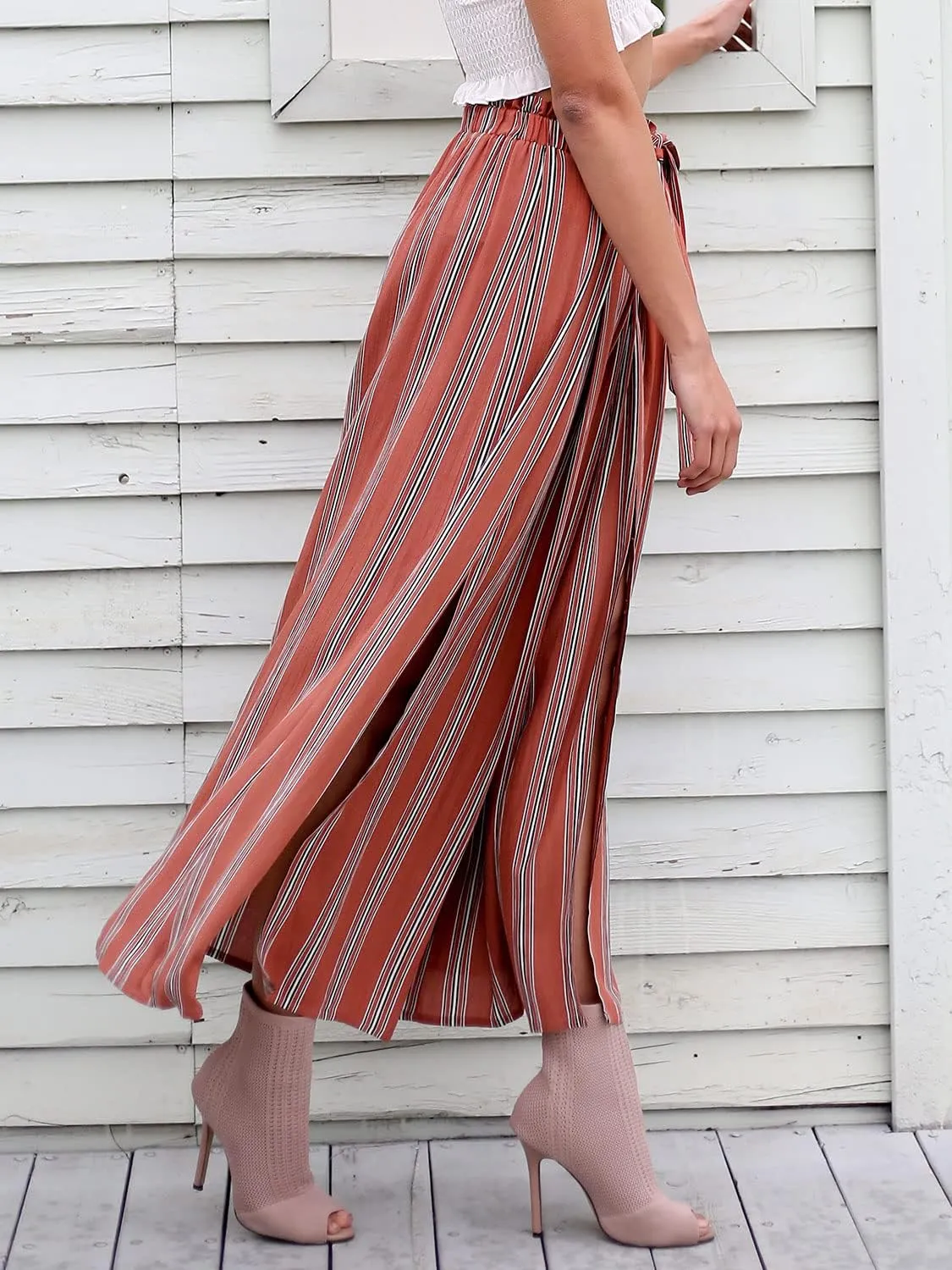 Simplee Women's Casual Split Wide Leg Pants High Waist Palazzo Flowy Beach Pants Summer Boho Lounge Pants with Pockets