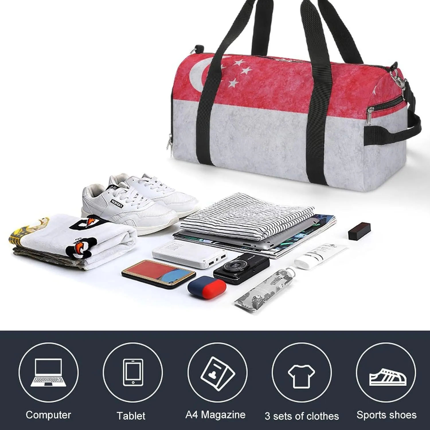 Singapore Flag Textured Gym Duffel Bag for Men Women with Wet Pocket and Shoe Compartment