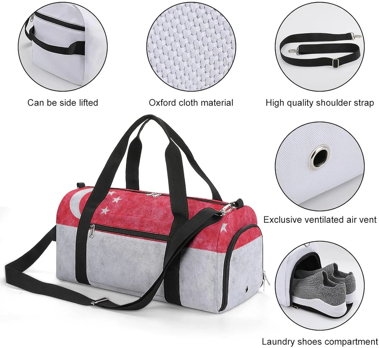 Singapore Flag Textured Gym Duffel Bag for Men Women with Wet Pocket and Shoe Compartment