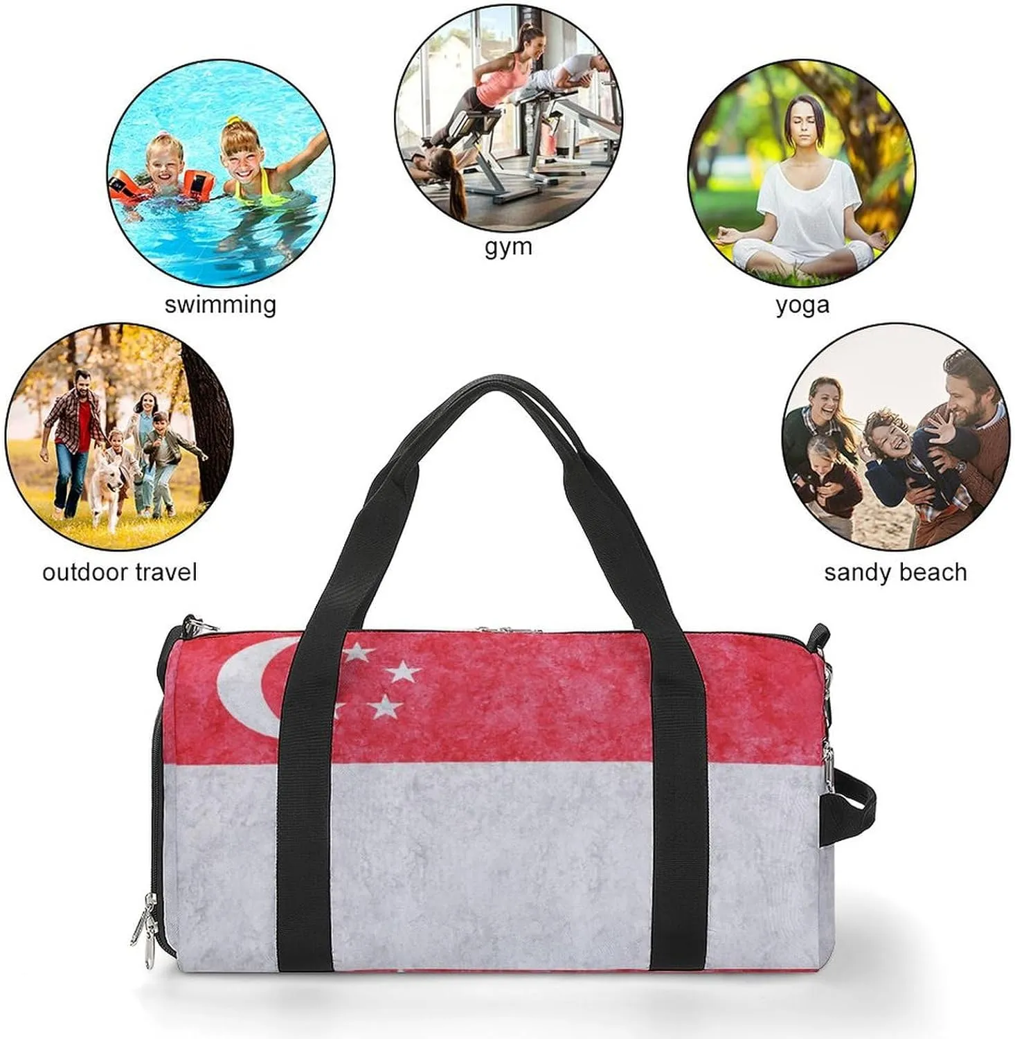 Singapore Flag Textured Gym Duffel Bag for Men Women with Wet Pocket and Shoe Compartment