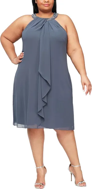 S.L. Fashions Women's Plus Size Jewel Neck Chiffon Halter Dress