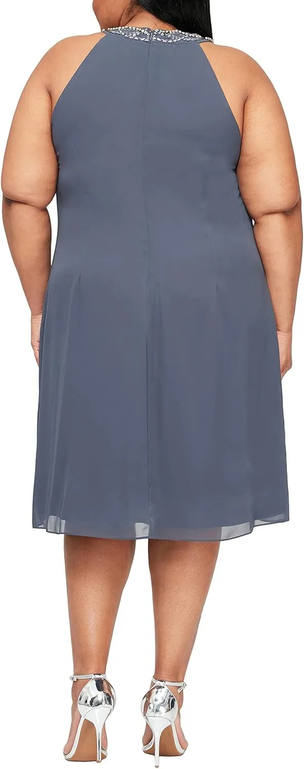 S.L. Fashions Women's Plus Size Jewel Neck Chiffon Halter Dress
