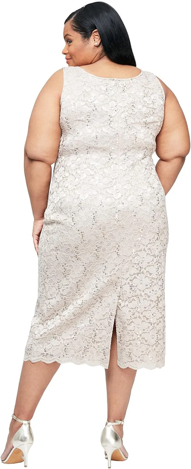 S.L. Fashions Women's Tea Length Sequin Lace Mother of The Bride Dress with Illusion Sleeve Jacket (Plus Size)