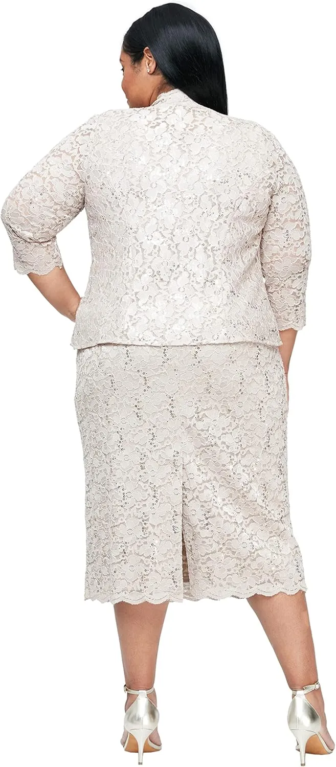 S.L. Fashions Women's Tea Length Sequin Lace Mother of The Bride Dress with Illusion Sleeve Jacket (Plus Size)