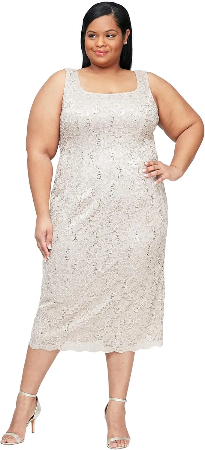 S.L. Fashions Women's Tea Length Sequin Lace Mother of The Bride Dress with Illusion Sleeve Jacket (Plus Size)