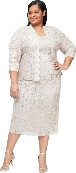 S.L. Fashions Women's Tea Length Sequin Lace Mother of The Bride Dress with Illusion Sleeve Jacket (Plus Size)