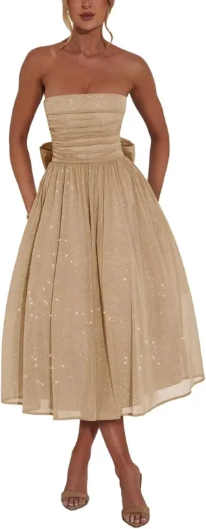 Sleeveless Strapless Prom Gowns Champagne Formal 2024 for Juniors Sparkly Tulle Corset Cocktail Dress Bow Back Tea Length Aline Ruched Homecoming Dresses US2
