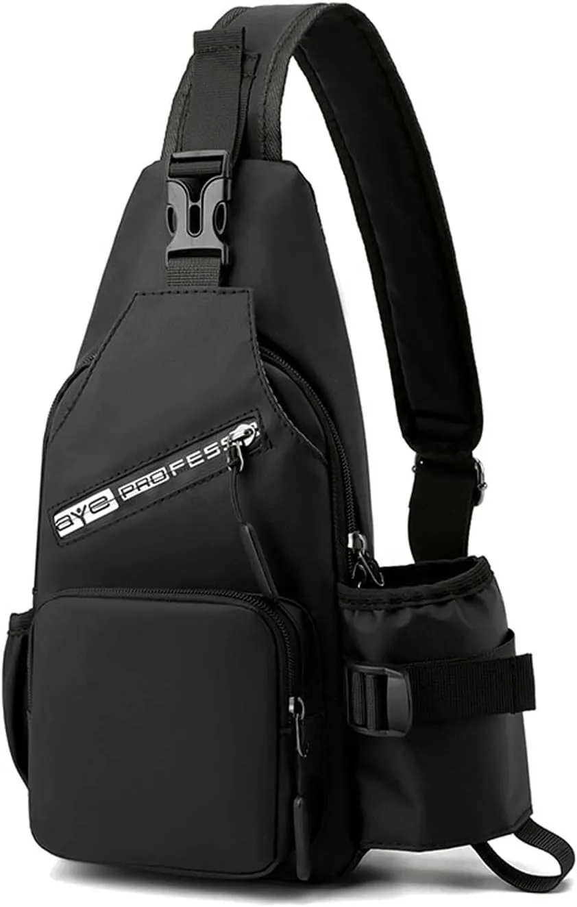 Sling Bags Chest Shoulder Backpack Men Crossbody Bags Cover Pack Rucksack Crossbody Bag for Travel Hiking Bicycle Sport Gym Daypacks with water bottle holder Waterproof Nylon Black