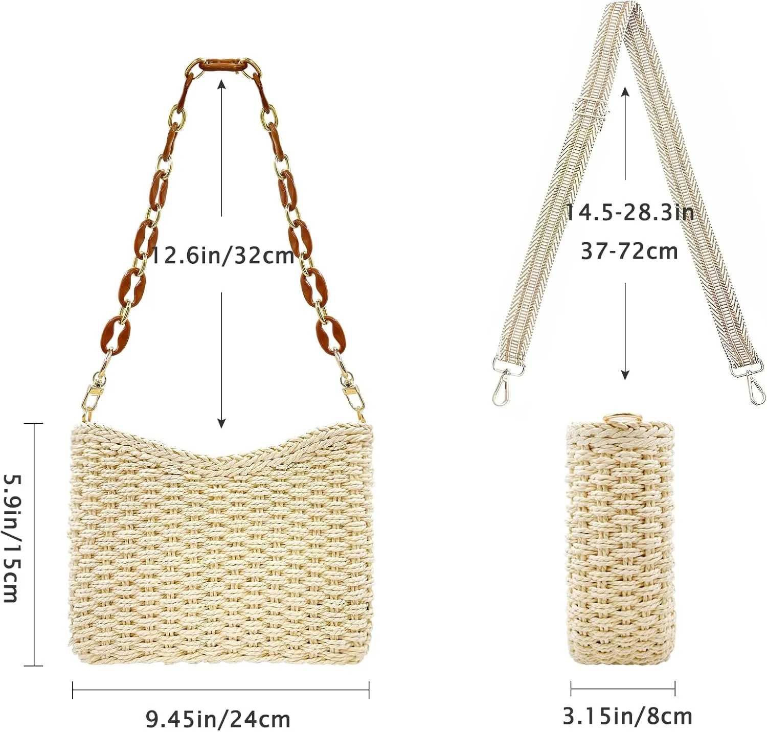 Small Straw Handbags for Women Crossbody Pocketbooks Woven Shoulder Purses Beach Tote Bag for Summer Vacation with Chain