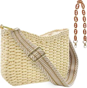 Small Straw Handbags for Women Crossbody Pocketbooks Woven Shoulder Purses Beach Tote Bag for Summer Vacation with Chain