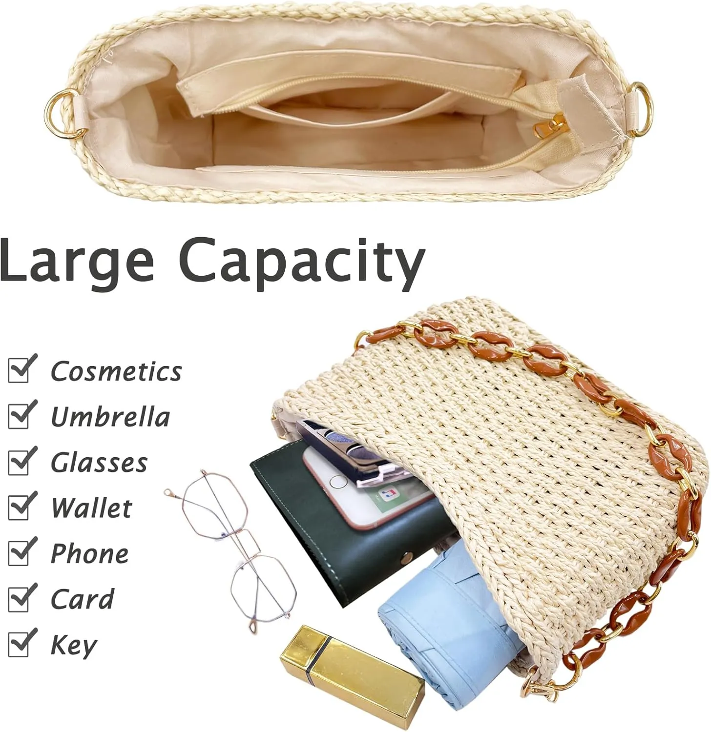 Small Straw Handbags for Women Crossbody Pocketbooks Woven Shoulder Purses Beach Tote Bag for Summer Vacation with Chain