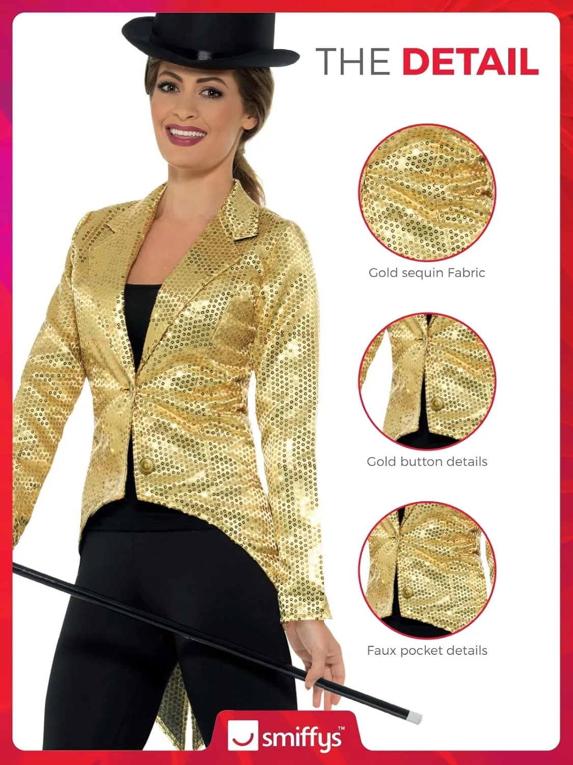 Smiffys Womens Sequin Tailcoat Jacket, Ladies