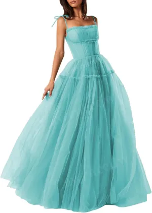 Spaghetti Straps Prom Dresses Tulle Long Formal Evening Party Gowns for Women Backless Bridesmaid Dress A-Line