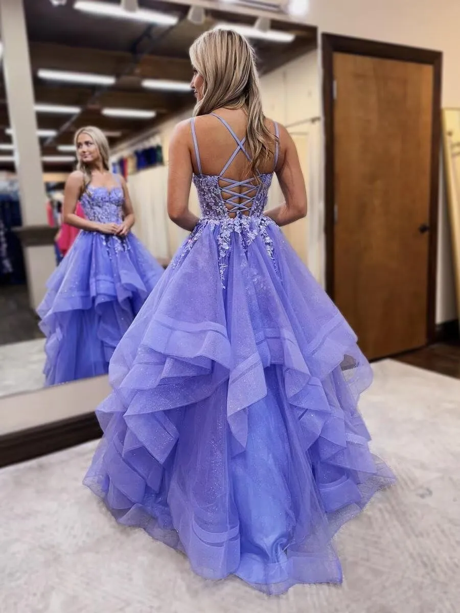 Spaghetti Straps Tulle Prom Dresses for Women Laces Ruffle Sparkly Tulle Formal Evening Gown ZX58