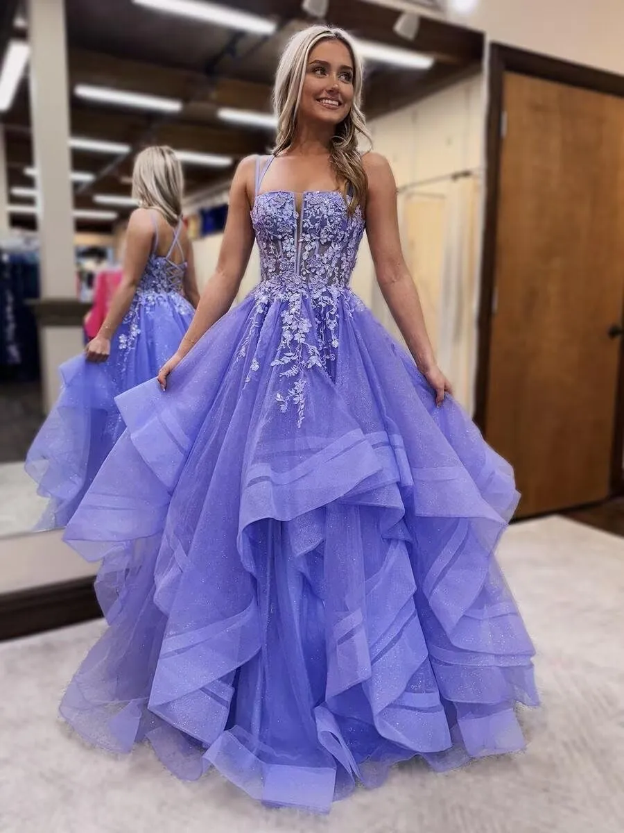 Spaghetti Straps Tulle Prom Dresses for Women Laces Ruffle Sparkly Tulle Formal Evening Gown ZX58