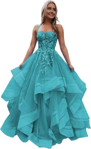 Spaghetti Straps Tulle Prom Dresses for Women Laces Ruffle Sparkly Tulle Formal Evening Gown ZX58