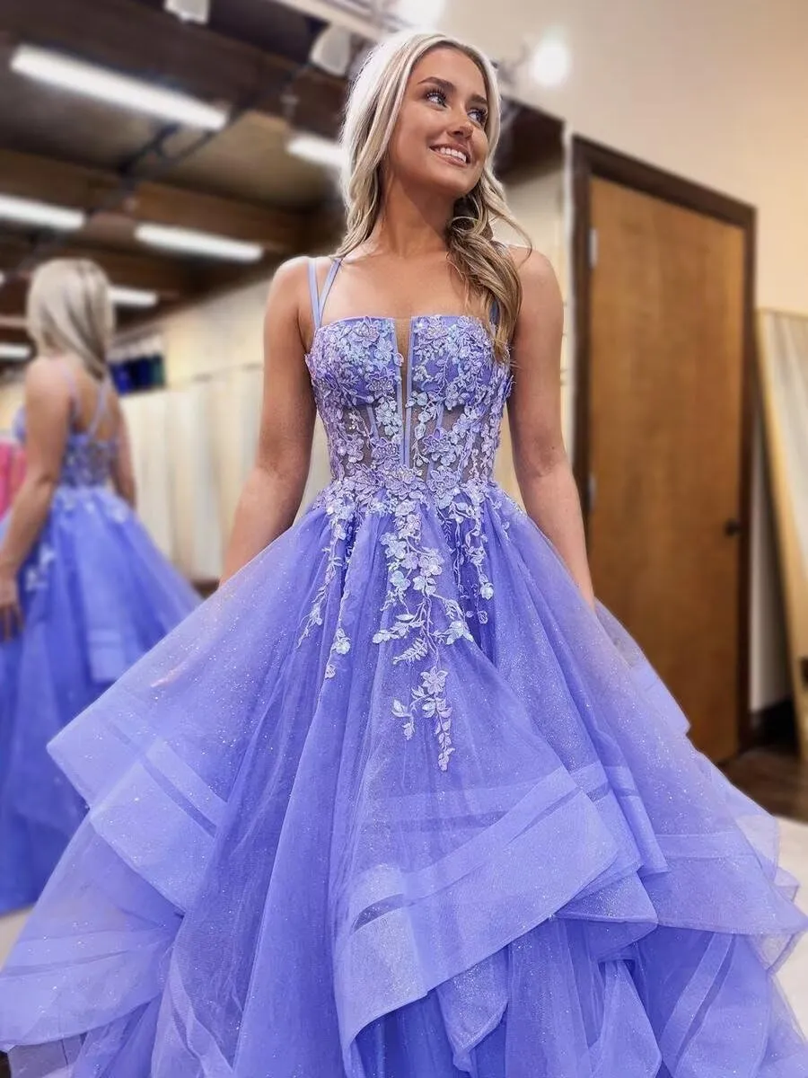 Spaghetti Straps Tulle Prom Dresses for Women Laces Ruffle Sparkly Tulle Formal Evening Gown ZX58