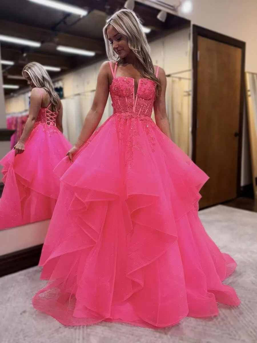 Spaghetti Straps Tulle Prom Dresses for Women Laces Ruffle Sparkly Tulle Formal Evening Gown ZX58