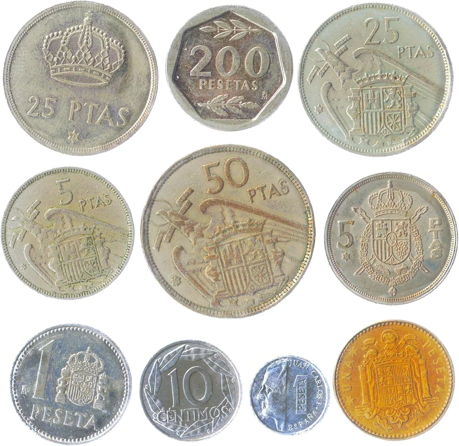 Spain 10 Mixed Coins | Centimos | Pesetas | Espana | Juan Carlos I | Dictator Francisco Franco | Before Euro Spanish Currency | 1939-2001