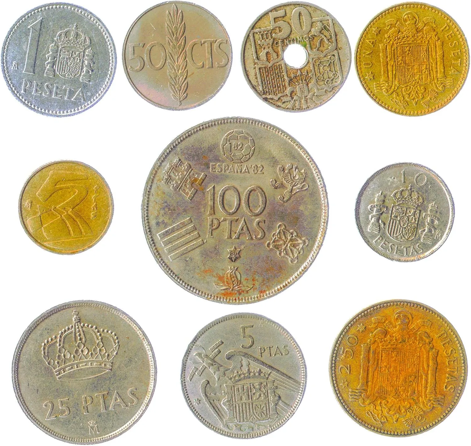 Spain 10 Mixed Coins | Centimos | Pesetas | Espana | Juan Carlos I | Dictator Francisco Franco | Before Euro Spanish Currency | 1939-2001