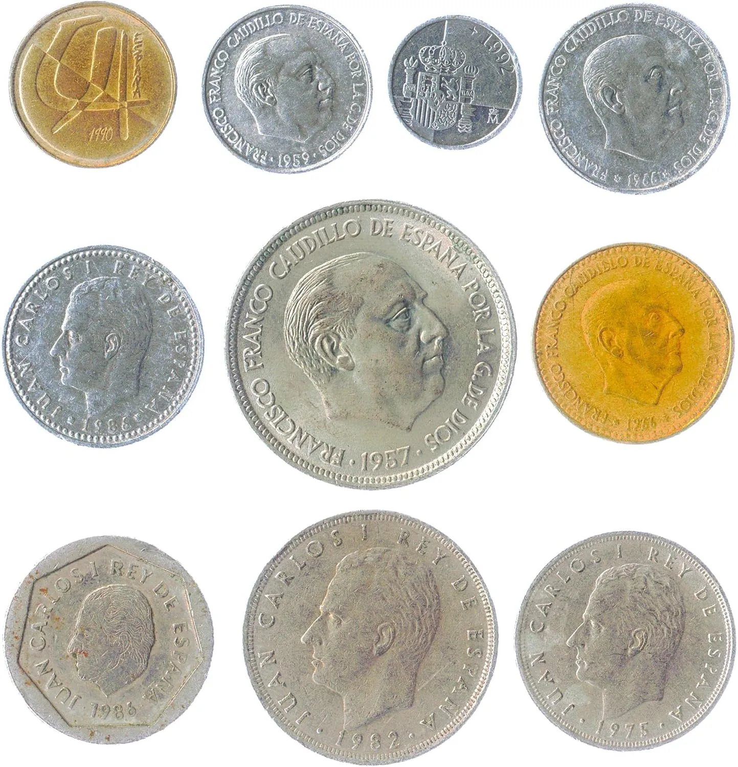 Spain 10 Mixed Coins | Centimos | Pesetas | Espana | Juan Carlos I | Dictator Francisco Franco | Before Euro Spanish Currency | 1939-2001
