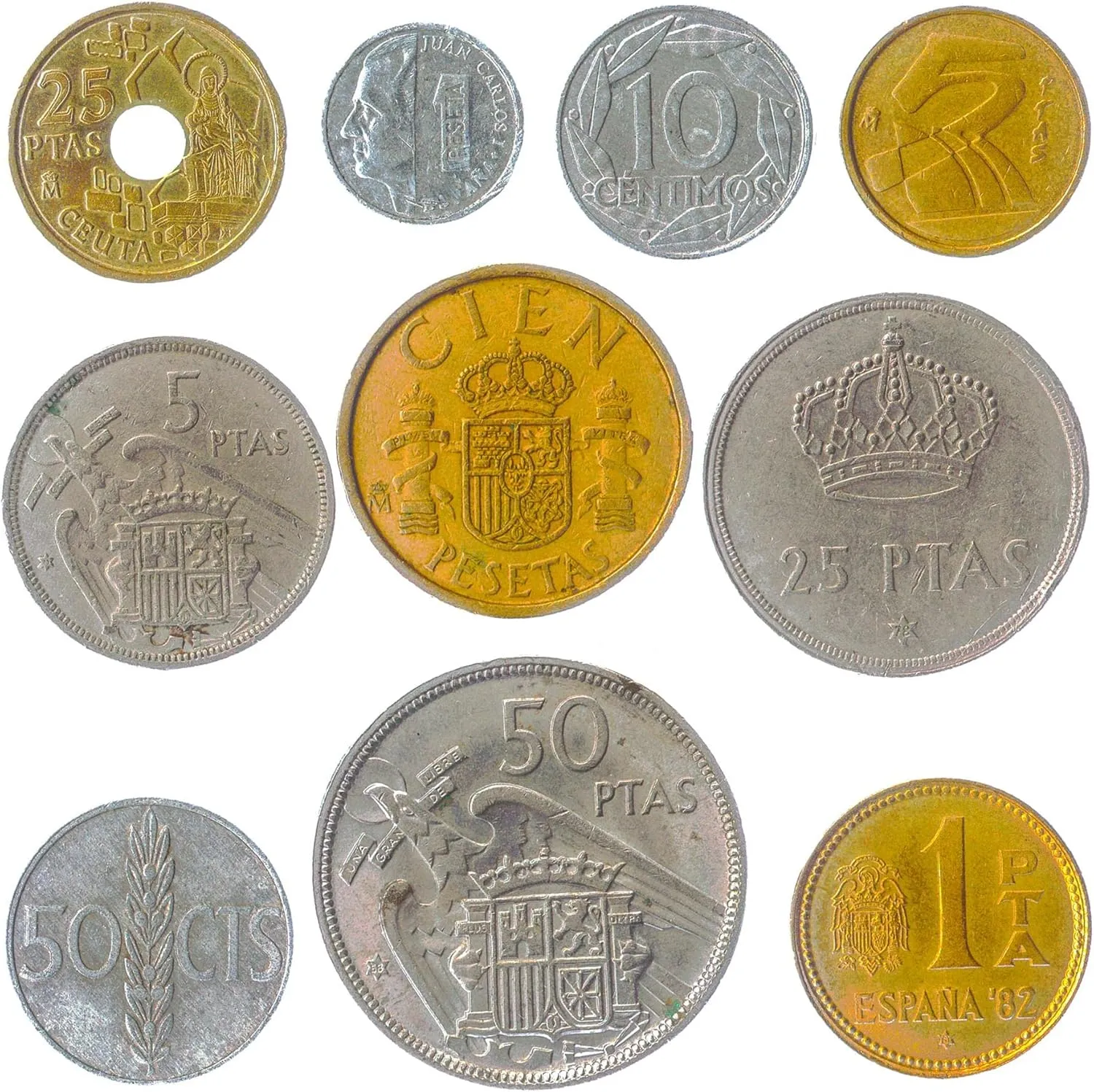 Spain 10 Mixed Coins | Centimos | Pesetas | Espana | Juan Carlos I | Dictator Francisco Franco | Before Euro Spanish Currency | 1939-2001