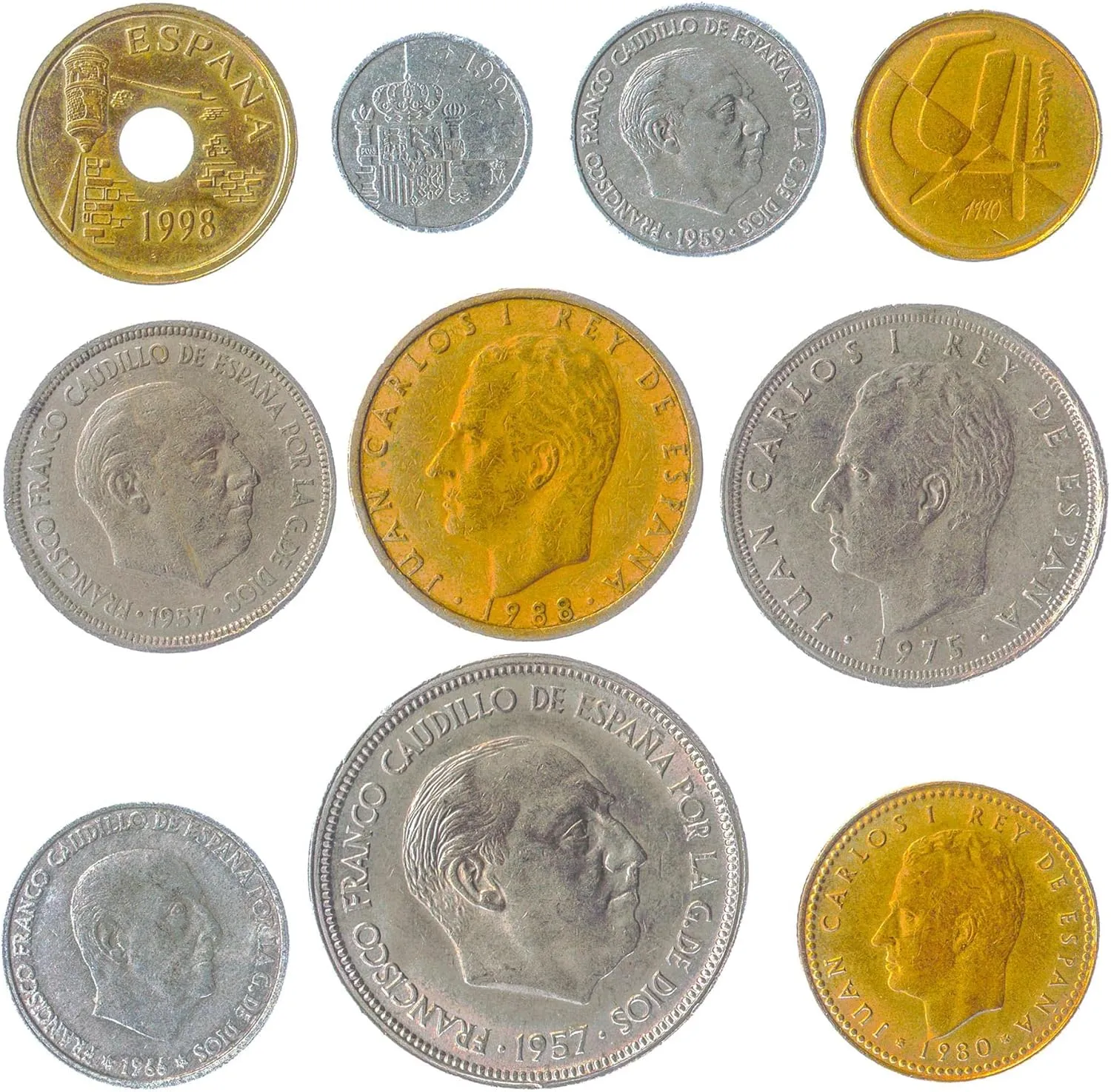 Spain 10 Mixed Coins | Centimos | Pesetas | Espana | Juan Carlos I | Dictator Francisco Franco | Before Euro Spanish Currency | 1939-2001