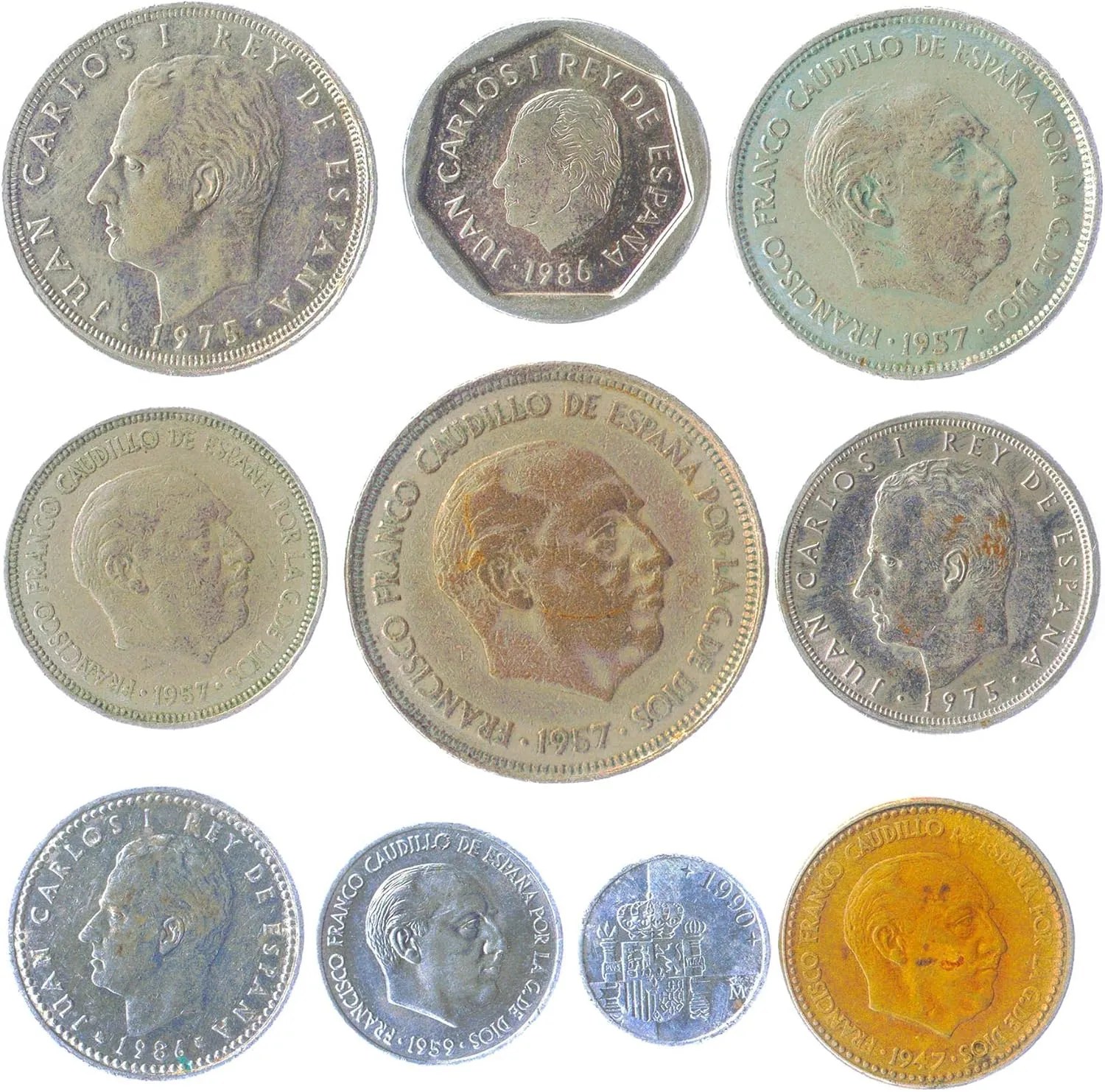 Spain 10 Mixed Coins | Centimos | Pesetas | Espana | Juan Carlos I | Dictator Francisco Franco | Before Euro Spanish Currency | 1939-2001