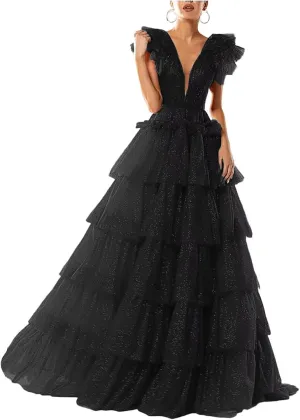 Sparkley Tulle Prom Dress Tiered V Neck Ball Gowns Long Puffy Formal Evening Gowns