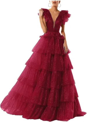 Sparkley Tulle Prom Dress Tiered V Neck Ball Gowns Long Puffy Formal Evening Gowns