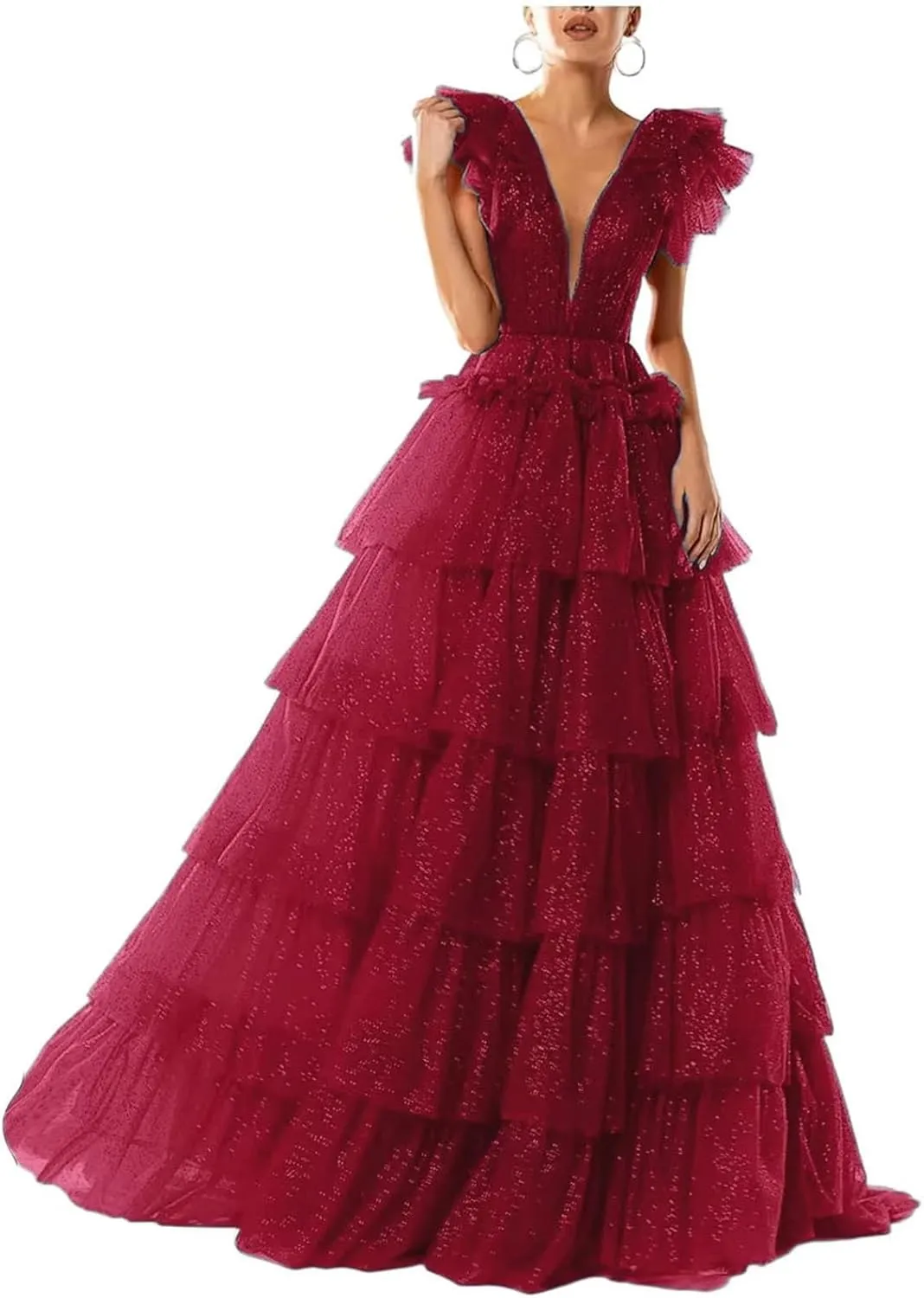 Sparkley Tulle Prom Dress Tiered V Neck Ball Gowns Long Puffy Formal Evening Gowns