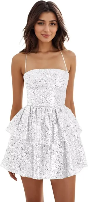 Sparkly Sequin A-Line Homecoming Dresses for Teens 2025 Short Glitter Tiered Spaghetti Straps Cocktail Dresses