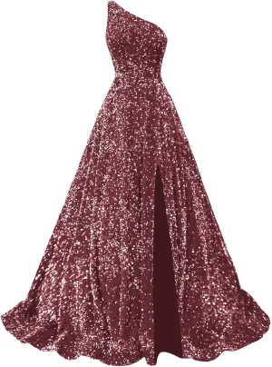 Sparkly Sequin Prom Dresses for Women 2025 Long Split One Shoulder Formal Evening Ball Gown with Pockets