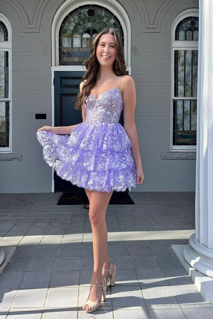 Sparkly Tiered Lace Homecoming Dresses for Teens 2025 Spaghetti Straps Short Prom Cocktail Party Gown