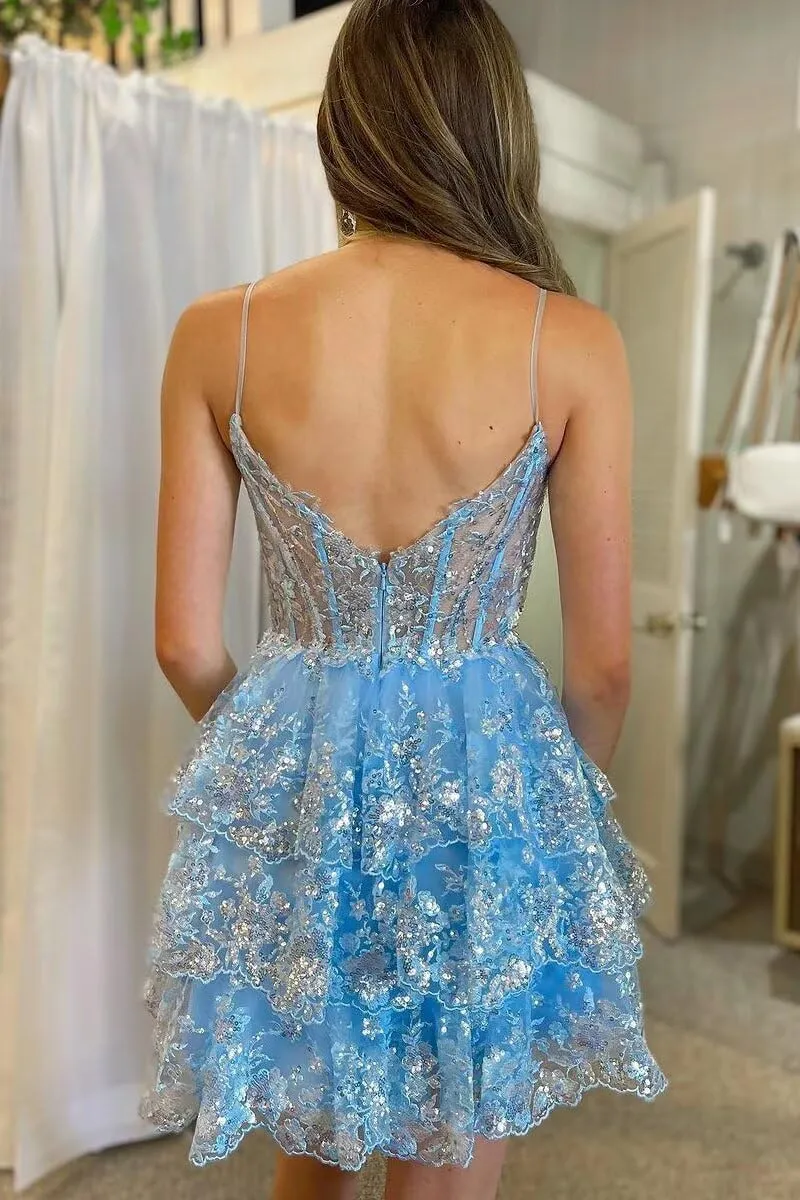 Sparkly Tiered Lace Homecoming Dresses for Teens 2025 Spaghetti Straps Short Prom Cocktail Party Gown