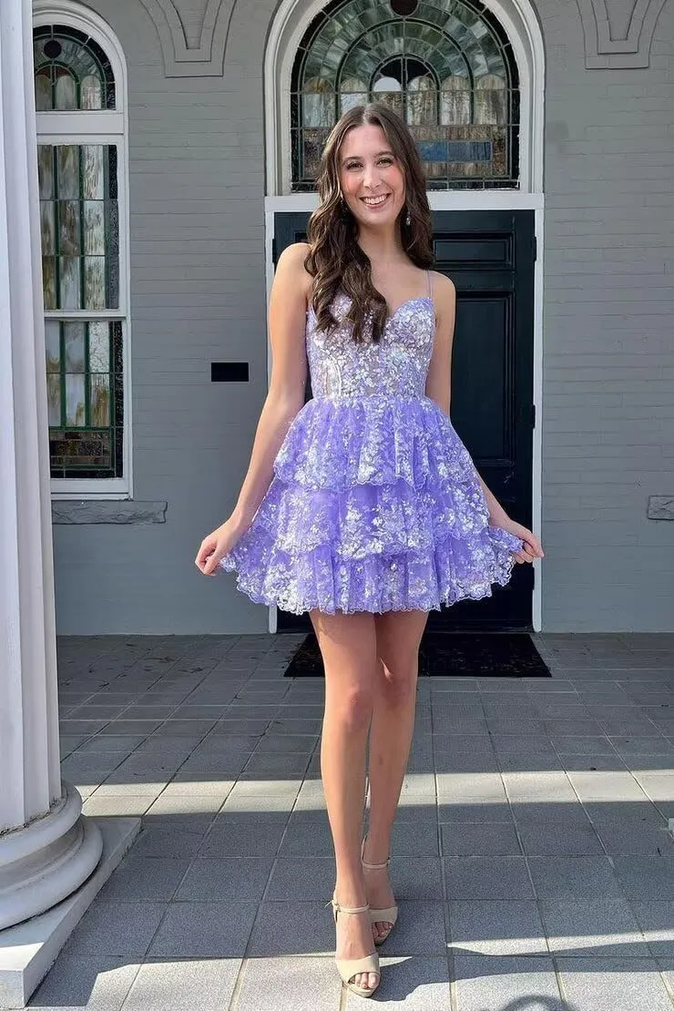 Sparkly Tiered Lace Homecoming Dresses for Teens 2025 Spaghetti Straps Short Prom Cocktail Party Gown