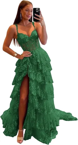 Sparkly Tiered Lace Tulle Prom Dresses Long Spaghetti Straps Formal Evening Party Gown