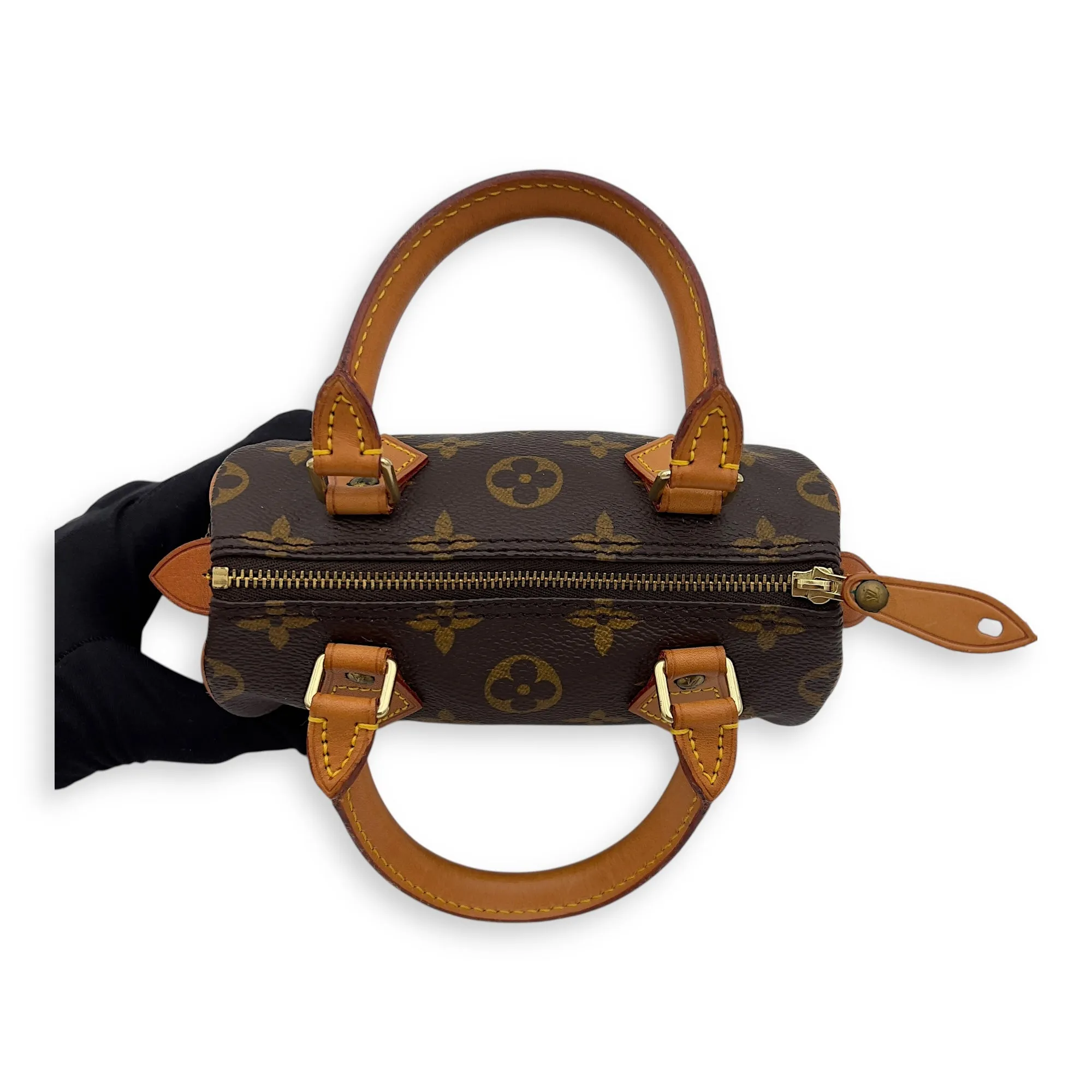 Speedy Top Handle Bag Nano Brown in Coated Canvas, Gold hardware
